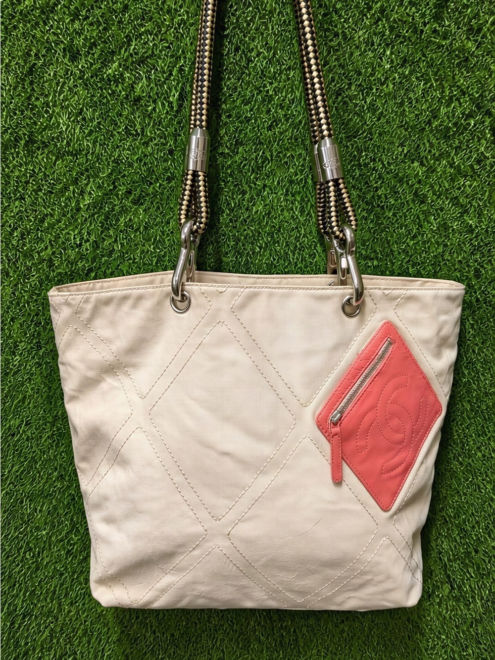 CHANEL Cream Tote with Coral Accent